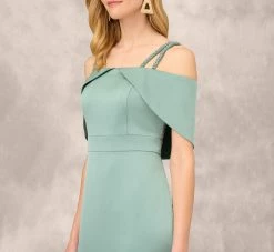 Satin Crepe Column Gown With Beaded Double Strap Details In Green Slate -Adrianna Papell Shop MD1E208155 AA355 Regular Detail