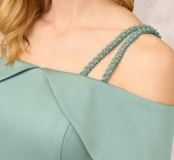 Satin Crepe Column Gown With Beaded Double Strap Details In Green Slate -Adrianna Papell Shop MD1E208155 AA355 Regular Lifestyle