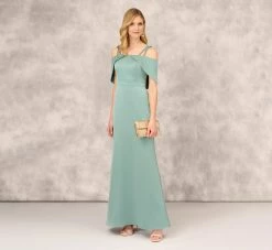 Satin Crepe Column Gown With Beaded Double Strap Details In Green Slate