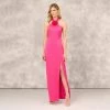 Satin Halter Gown With Rosette Accent In Hot Pink