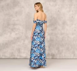 Off The Shoulder Floral Jacquard Gown In Blue Multi -Adrianna Papell Shop MD1E208165 AA461 Regular Back