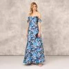 Off The Shoulder Floral Jacquard Gown In Blue Multi