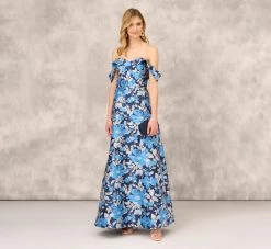 Off The Shoulder Floral Jacquard Gown In Blue Multi
