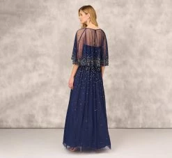Beaded Strapless Gown With Sheer Removable Cape In Navy -Adrianna Papell Shop MD1E208169 AA412 Regular Back