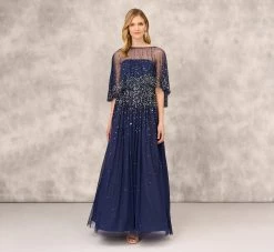 Beaded Strapless Gown With Sheer Removable Cape In Navy