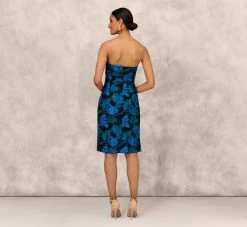 Floral Stretch Jacquard Strapless Midi Dress With Pleat Details In Blue Multi -Adrianna Papell Shop MD1E208345 AA461 Regular Back