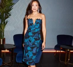 Floral Stretch Jacquard Strapless Midi Dress With Pleat Details In Blue Multi