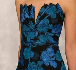 Floral Stretch Jacquard Strapless Midi Dress With Pleat Details In Blue Multi -Adrianna Papell Shop MD1E208345 AA461 Regular Detail