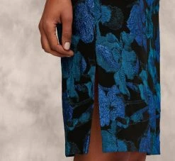 Floral Stretch Jacquard Strapless Midi Dress With Pleat Details In Blue Multi -Adrianna Papell Shop MD1E208345 AA461 Regular Lifestyle