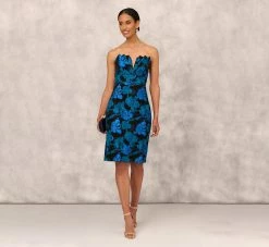Floral Stretch Jacquard Strapless Midi Dress With Pleat Details In Blue Multi -Adrianna Papell Shop MD1E208345 AA461 Regular Side
