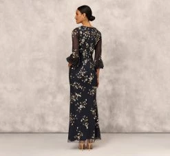 Floral Sequin Beaded Gown With Three-Quarter Length Bell Sleeves In Twilight 9 Floral Sequin Beaded Gown With Three-Quarter Length Bell Sleeves In Twilight -Adrianna Papell Shop MD1E208425 AD410 Regular Back