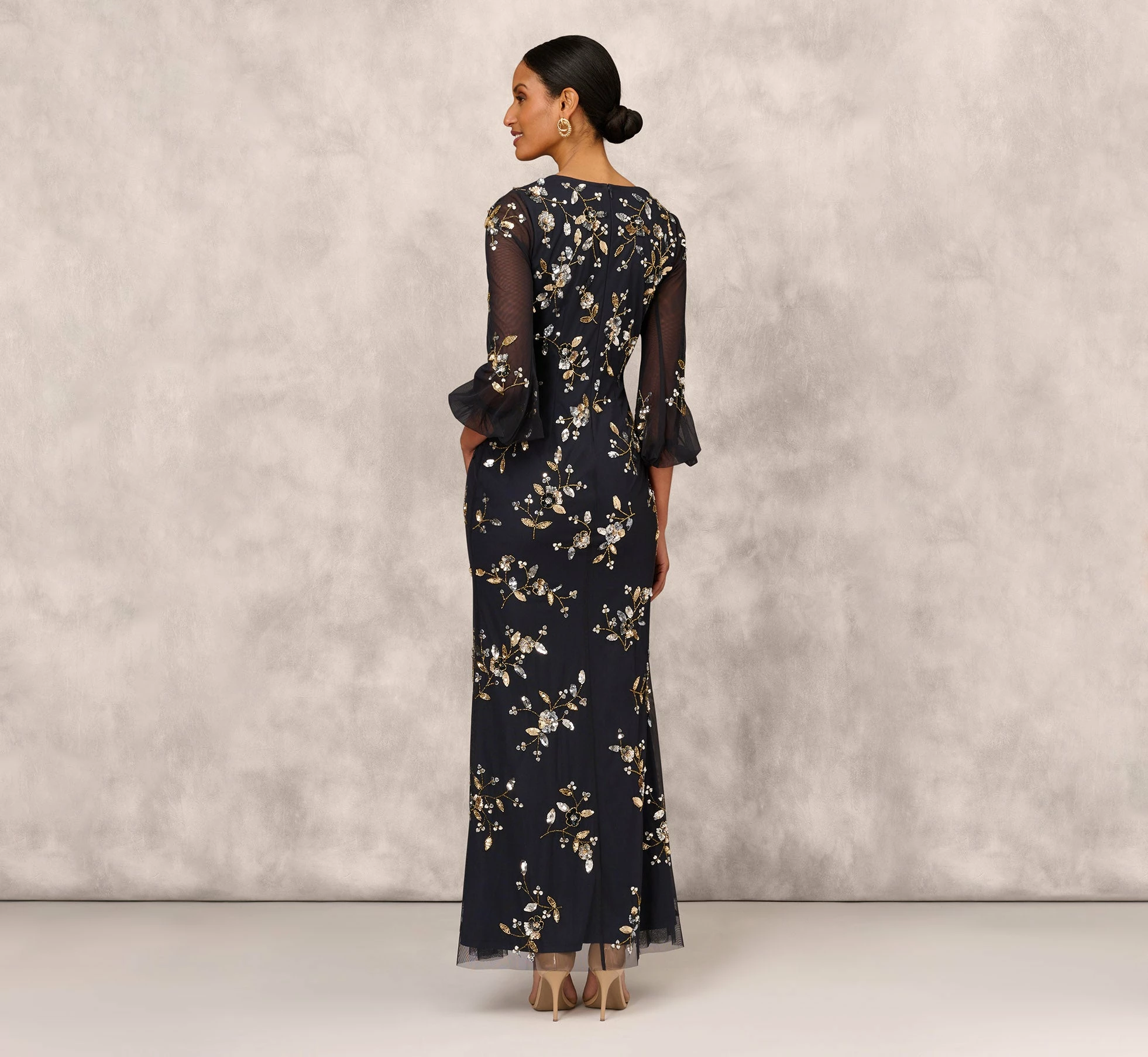 Floral Sequin Beaded Gown With Three-Quarter Length Bell Sleeves In Twilight 4 Floral Sequin Beaded Gown With Three-Quarter Length Bell Sleeves In Twilight - Image 4
