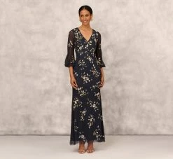 Floral Sequin Beaded Gown With Three-Quarter Length Bell Sleeves In Twilight