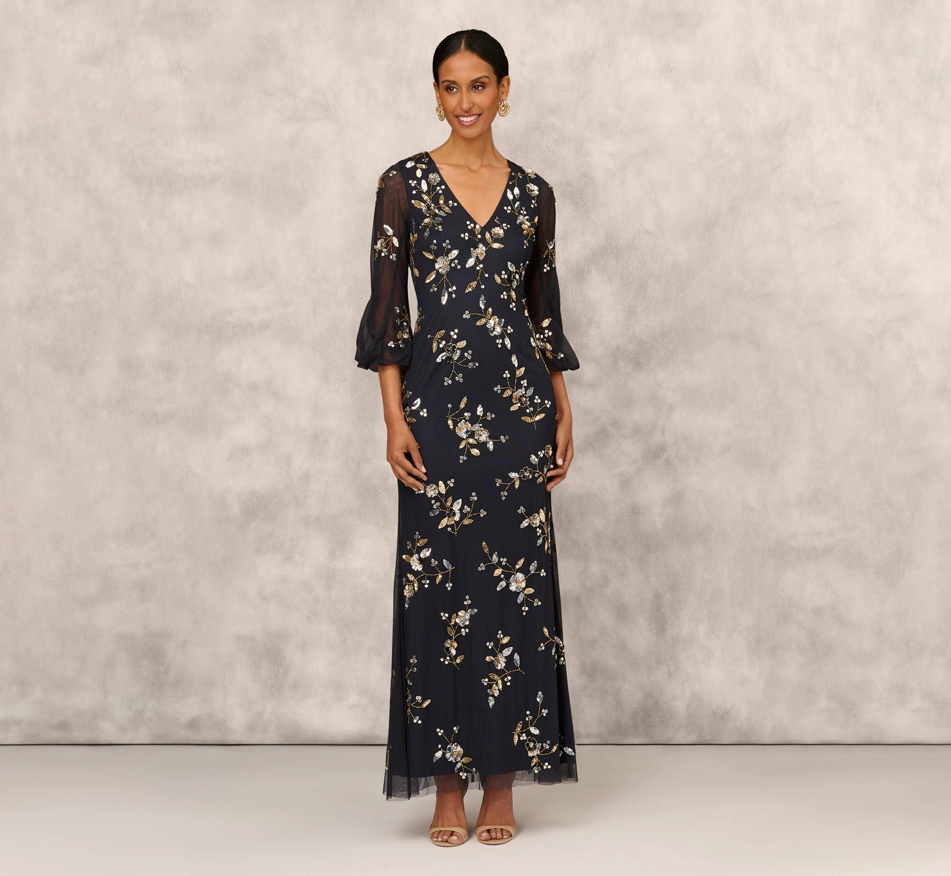Floral Sequin Beaded Gown With Three-Quarter Length Bell Sleeves In Twilight 1 Floral Sequin Beaded Gown With Three-Quarter Length Bell Sleeves In Twilight