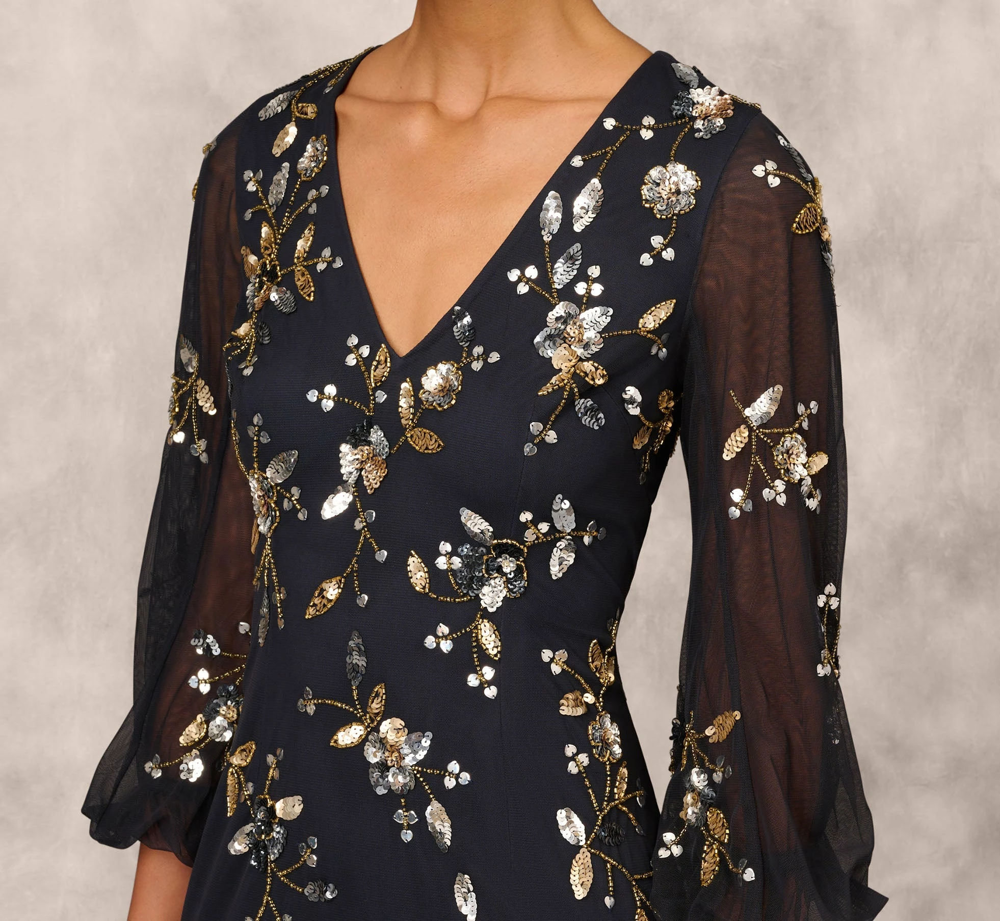 Floral Sequin Beaded Gown With Three-Quarter Length Bell Sleeves In Twilight 3 Floral Sequin Beaded Gown With Three-Quarter Length Bell Sleeves In Twilight - Image 3