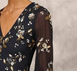 Floral Sequin Beaded Gown With Three-Quarter Length Bell Sleeves In Twilight 10 Floral Sequin Beaded Gown With Three-Quarter Length Bell Sleeves In Twilight -Adrianna Papell Shop MD1E208425 AD410 Regular Lifestyle