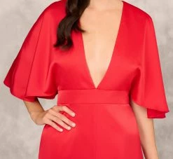 Crepe Back Satin Midi Dress With Flutter Sleeves In Chateau Red -Adrianna Papell Shop MD1E208607 AE613 Regular Detail