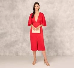 Crepe Back Satin Midi Dress With Flutter Sleeves In Chateau Red -Adrianna Papell Shop MD1E208607 AE613 Regular Side