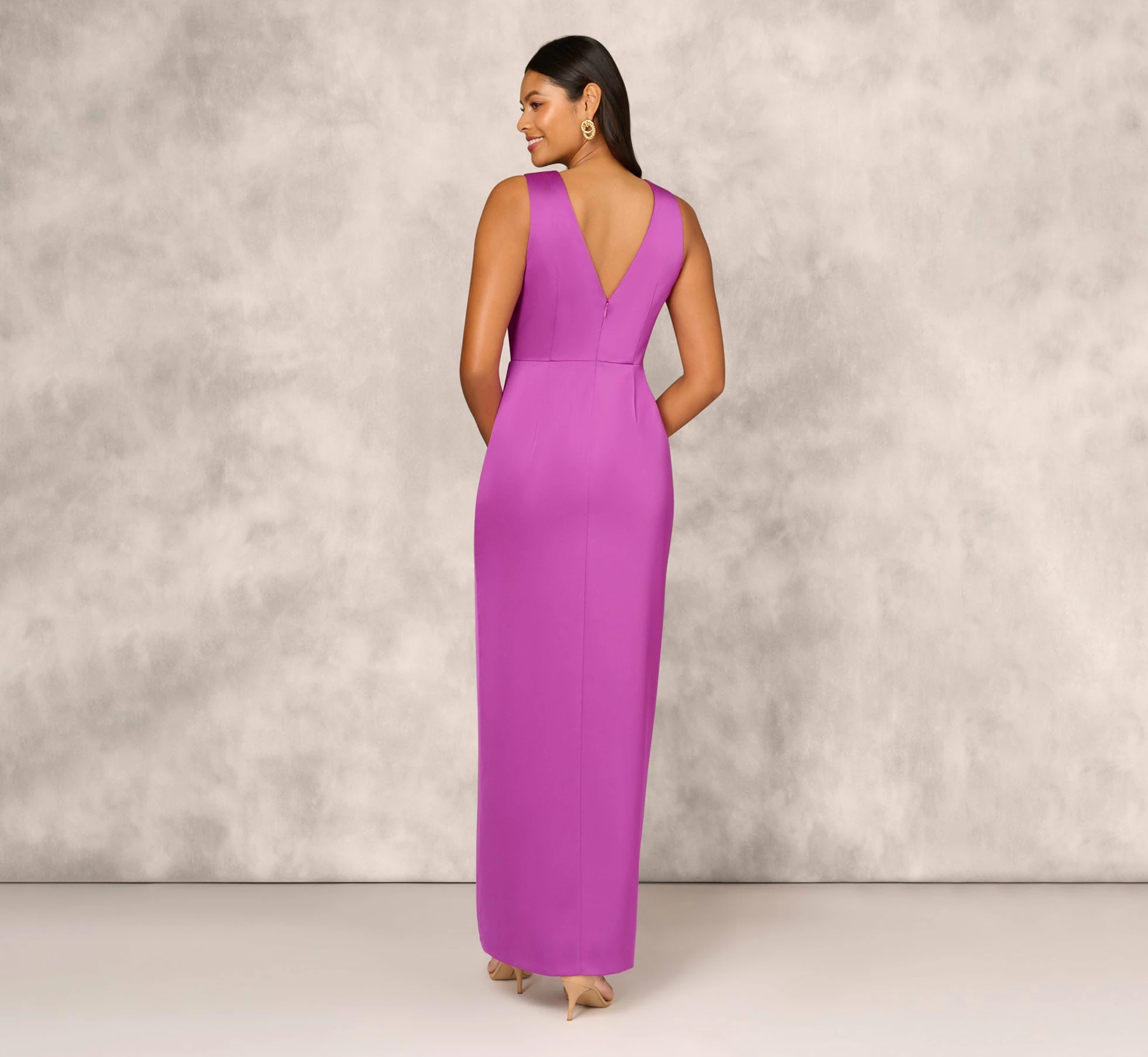 Sleeveless Satin Crepe Column Gown With Bow Waist In Wild Orchid 4 Sleeveless Satin Crepe Column Gown With Bow Waist In Wild Orchid - Image 4
