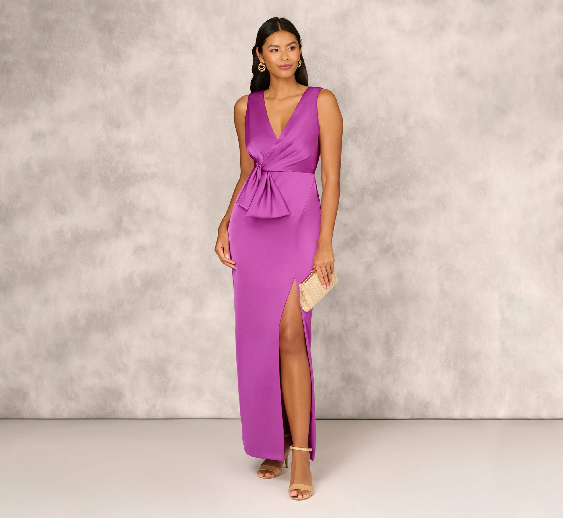 Sleeveless Satin Crepe Column Gown With Bow Waist In Wild Orchid 2 Sleeveless Satin Crepe Column Gown With Bow Waist In Wild Orchid - Image 2