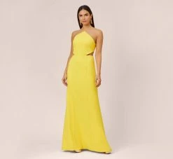 Stretch Crepe Long Halter Mermaid Dress With Cutouts In Lemon
