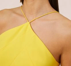 Stretch Crepe Long Halter Mermaid Dress With Cutouts In Lemon -Adrianna Papell Shop MN1E205112 AA733 Regular Side