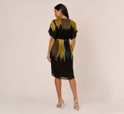Beaded Faux Wrap Dress With Dolman Sleeves In Black Multi 11 Beaded Faux Wrap Dress With Dolman Sleeves In Black Multi -Adrianna Papell Shop MN1E206112 AA960 Regular Back
