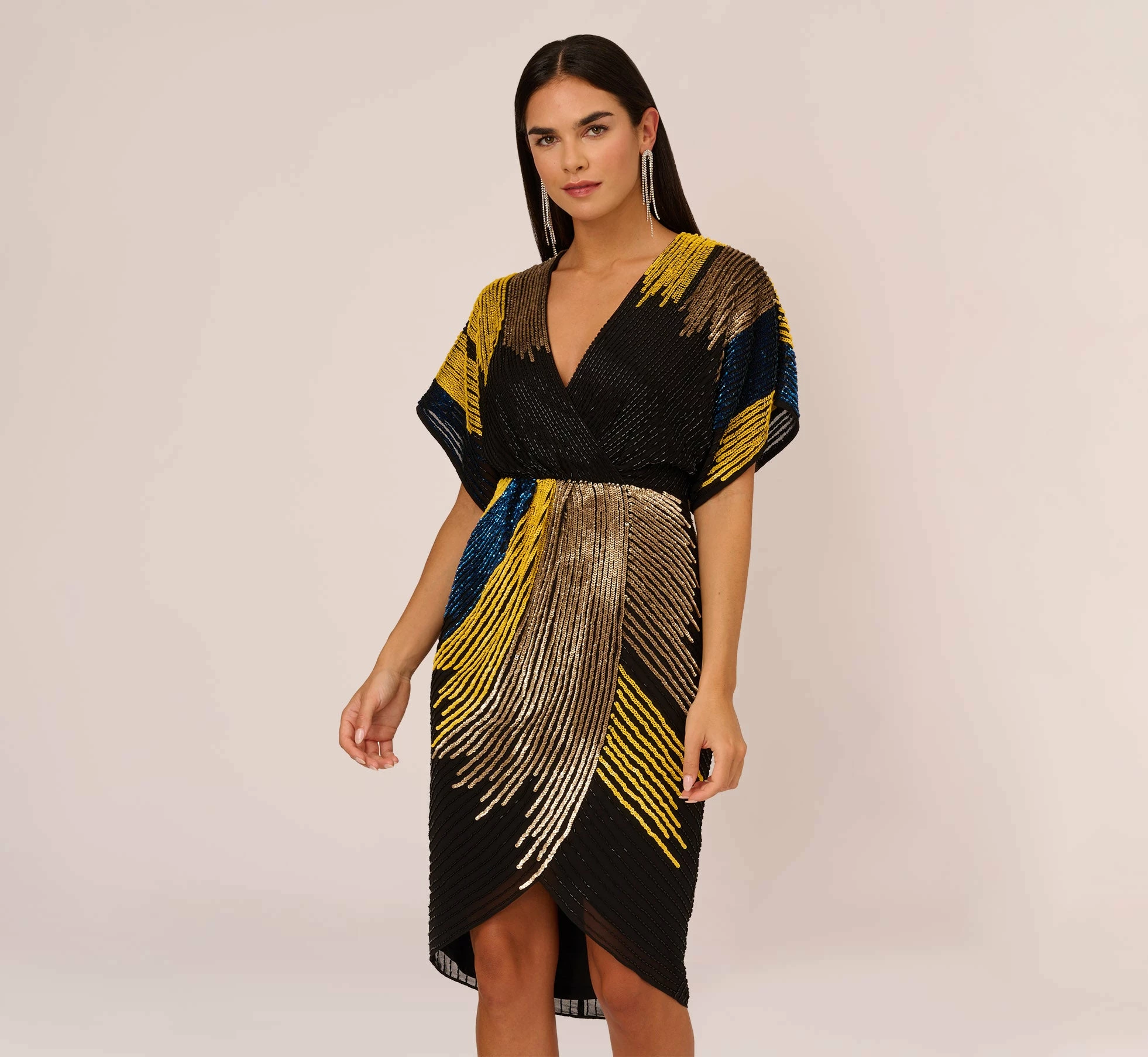Beaded Faux Wrap Dress With Dolman Sleeves In Black Multi 1 Beaded Faux Wrap Dress With Dolman Sleeves In Black Multi
