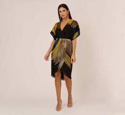 Beaded Faux Wrap Dress With Dolman Sleeves In Black Multi 13 Beaded Faux Wrap Dress With Dolman Sleeves In Black Multi -Adrianna Papell Shop MN1E206112 AA960 Regular Front