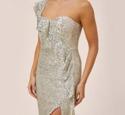 Sequined One-Shoulder Midi-Length Cocktail Dress With Ruffle In Champagne Silver 8 Sequined One-Shoulder Midi-Length Cocktail Dress With Ruffle In Champagne Silver -Adrianna Papell Shop MN1E206313 AJ298 Regular Alternate