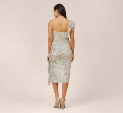 Sequined One-Shoulder Midi-Length Cocktail Dress With Ruffle In Champagne Silver 9 Sequined One-Shoulder Midi-Length Cocktail Dress With Ruffle In Champagne Silver -Adrianna Papell Shop MN1E206313 AJ298 Regular Back