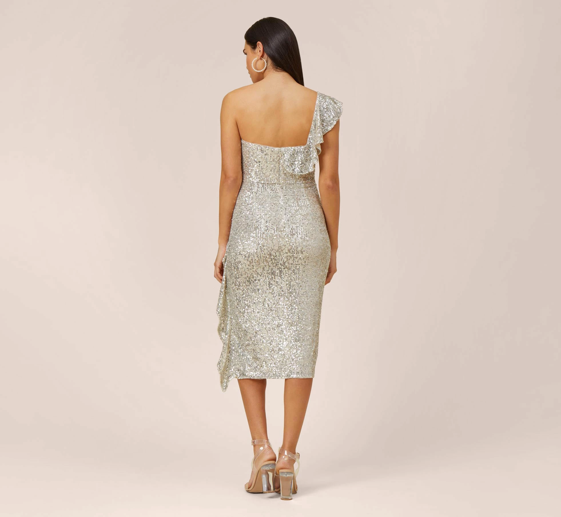 Sequined One-Shoulder Midi-Length Cocktail Dress With Ruffle In Champagne Silver 4 Sequined One-Shoulder Midi-Length Cocktail Dress With Ruffle In Champagne Silver - Image 4