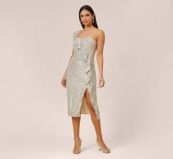 Sequined One-Shoulder Midi-Length Cocktail Dress With Ruffle In Champagne Silver