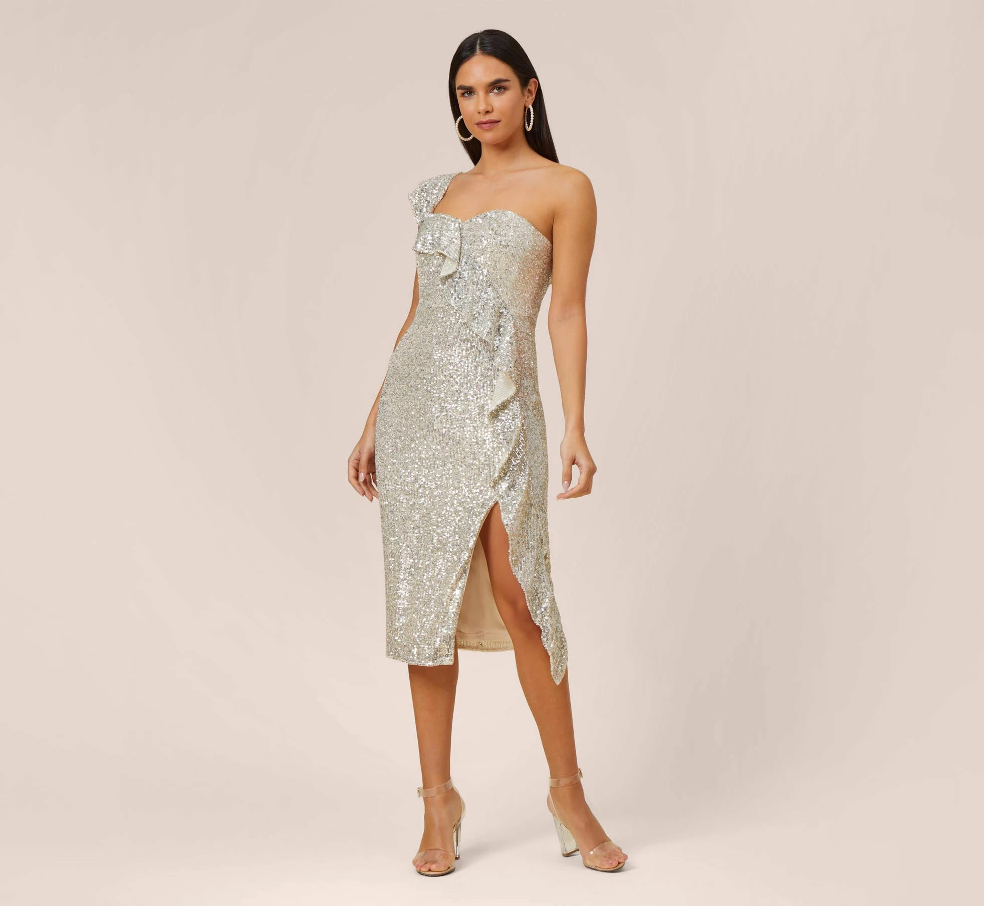 Sequined One-Shoulder Midi-Length Cocktail Dress With Ruffle In Champagne Silver 1 Sequined One-Shoulder Midi-Length Cocktail Dress With Ruffle In Champagne Silver