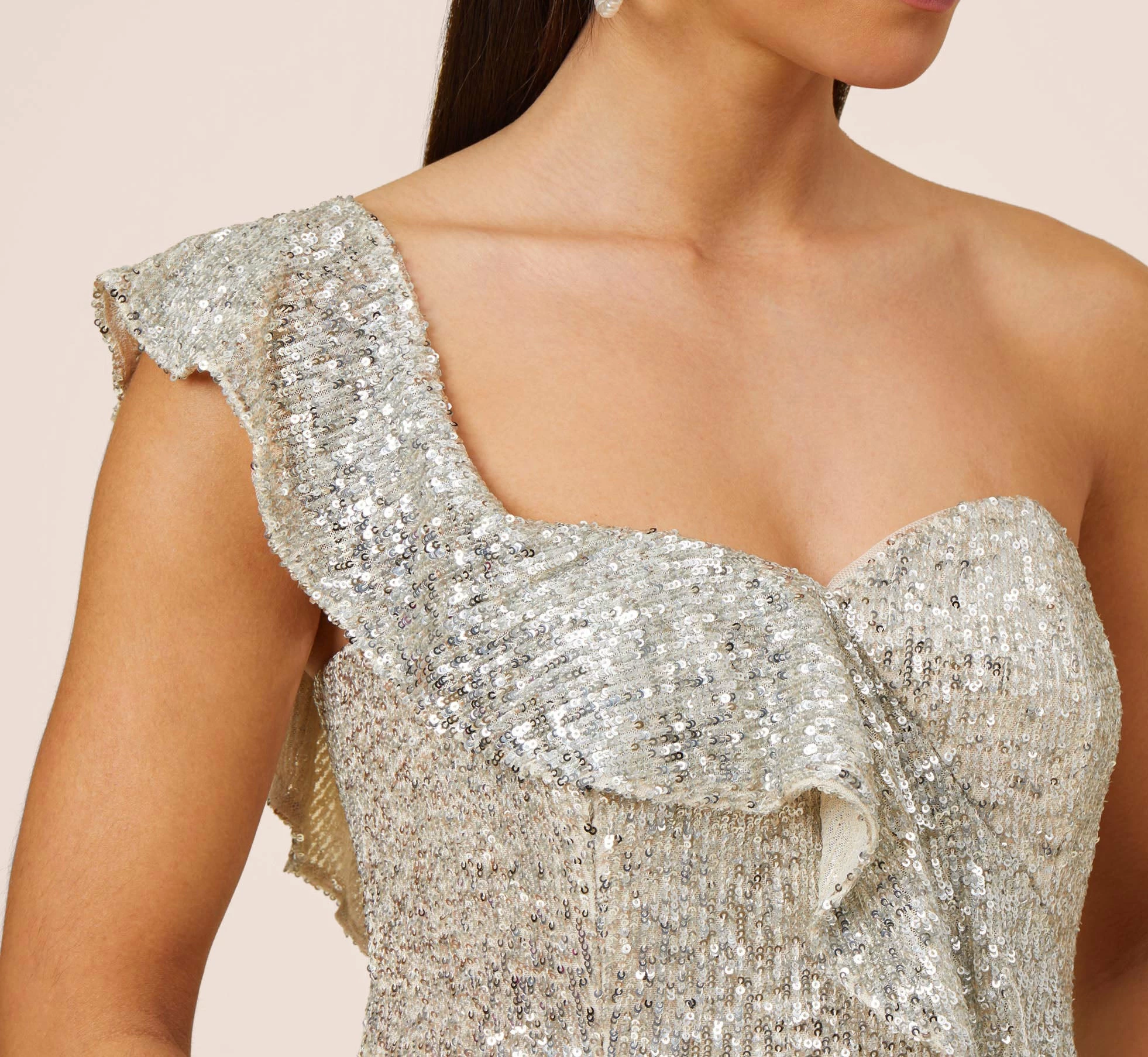 Sequined One-Shoulder Midi-Length Cocktail Dress With Ruffle In Champagne Silver 5 Sequined One-Shoulder Midi-Length Cocktail Dress With Ruffle In Champagne Silver - Image 5