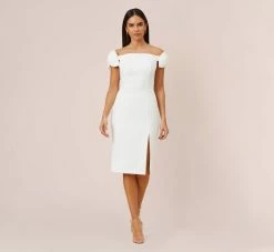 Off-The-Shoulder Crepe Cocktail Sheath Dress With Bows In Ivory