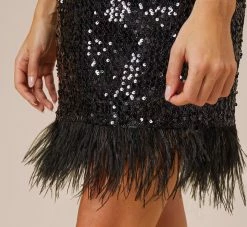 Sequined Trapeze Halter Dress With Feather Trim In Black -Adrianna Papell Shop MN1E206390 AA002 Regular Alternate
