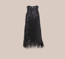 Sequined Trapeze Halter Dress With Feather Trim In Black -Adrianna Papell Shop MN1E206390 AA002 Regular Flat