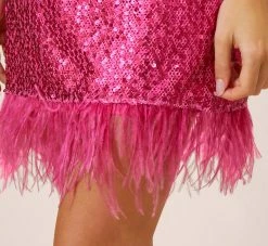 Sequined Trapeze Halter Dress With Feather Trim In Hot Pink -Adrianna Papell Shop MN1E206390 AA672 Regular Alternate