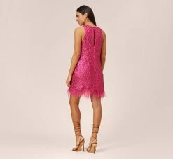 Sequined Trapeze Halter Dress With Feather Trim In Hot Pink -Adrianna Papell Shop MN1E206390 AA672 Regular Back