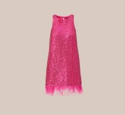 Sequined Trapeze Halter Dress With Feather Trim In Hot Pink -Adrianna Papell Shop MN1E206390 AA672 Regular Flat