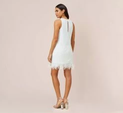 Sequined Trapeze Halter Dress With Feather Trim In Ivory 9 Sequined Trapeze Halter Dress With Feather Trim In Ivory -Adrianna Papell Shop MN1E206390 AC194 Regular Back