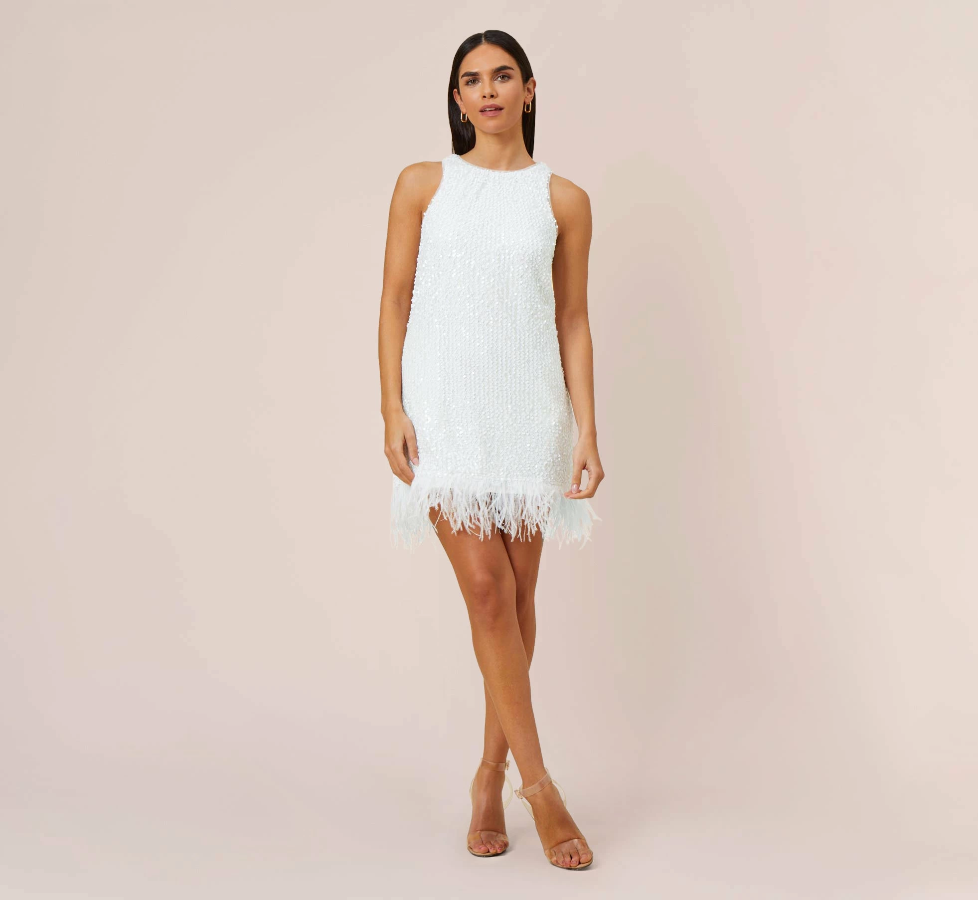 Sequined Trapeze Halter Dress With Feather Trim In Ivory 1 Sequined Trapeze Halter Dress With Feather Trim In Ivory