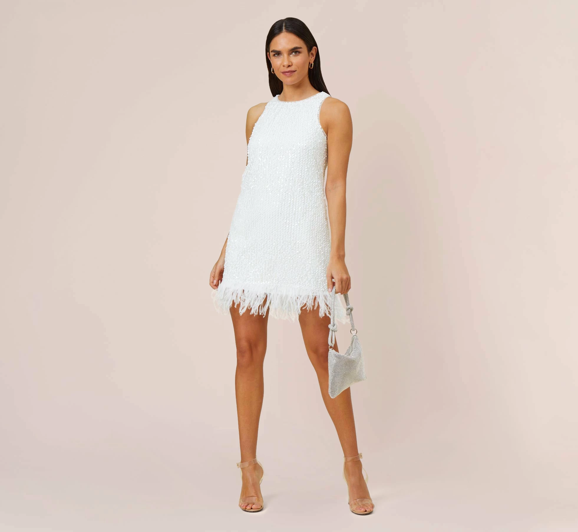 Sequined Trapeze Halter Dress With Feather Trim In Ivory 2 Sequined Trapeze Halter Dress With Feather Trim In Ivory - Image 2