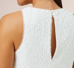 Sequined Trapeze Halter Dress With Feather Trim In Ivory 10 Sequined Trapeze Halter Dress With Feather Trim In Ivory -Adrianna Papell Shop MN1E206390 AC194 Regular Side