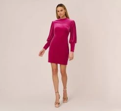 Velvet Short Sheath Cocktail Dress With Mutton Sleeves In Hot Pink -Adrianna Papell Shop MN1E206786 AA672 Regular Front