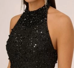 Hand-Beaded Halter Swing Dress In Black -Adrianna Papell Shop MN1E206806 AA002 Regular Detail
