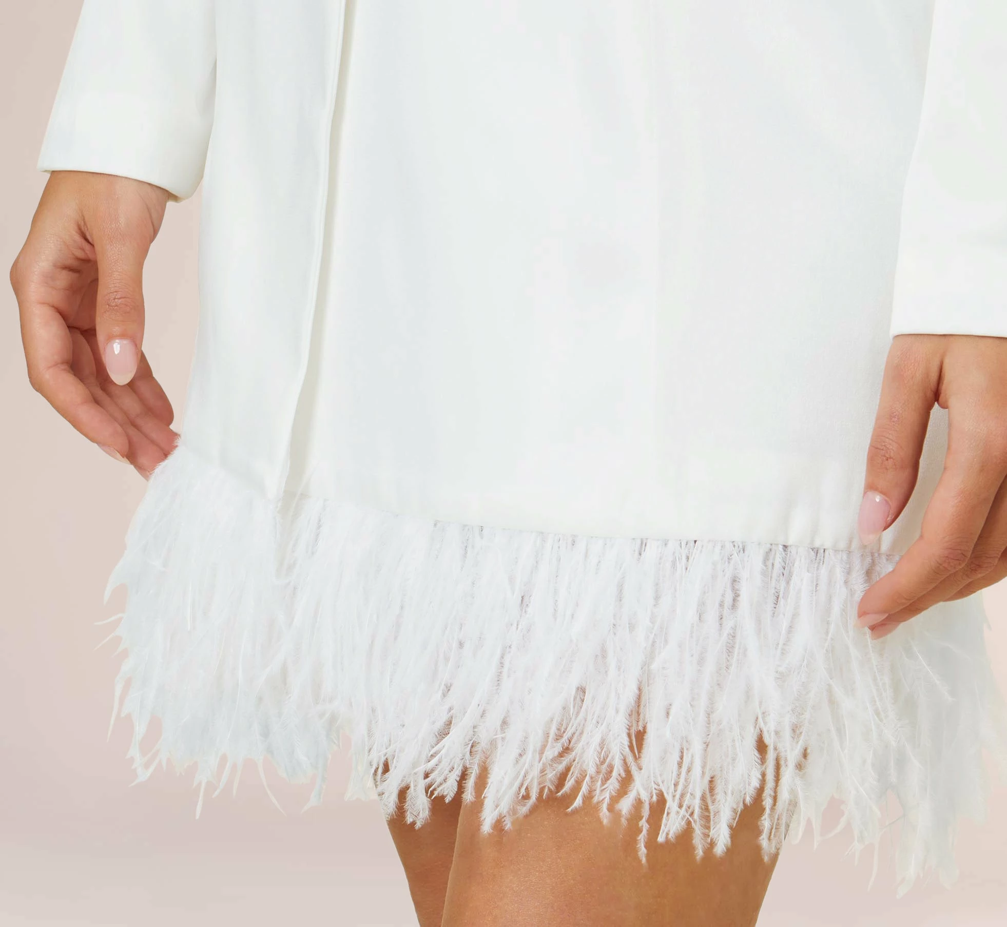 Charmeuse Tuxedo Short Sheath Cocktail Dress With Feather Trim In Ivory 5 Charmeuse Tuxedo Short Sheath Cocktail Dress With Feather Trim In Ivory - Image 5