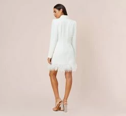 Charmeuse Tuxedo Short Sheath Cocktail Dress With Feather Trim In Ivory 9 Charmeuse Tuxedo Short Sheath Cocktail Dress With Feather Trim In Ivory -Adrianna Papell Shop MN1E206883 AC194 Regular Back