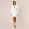 Charmeuse Tuxedo Short Sheath Cocktail Dress With Feather Trim In Ivory